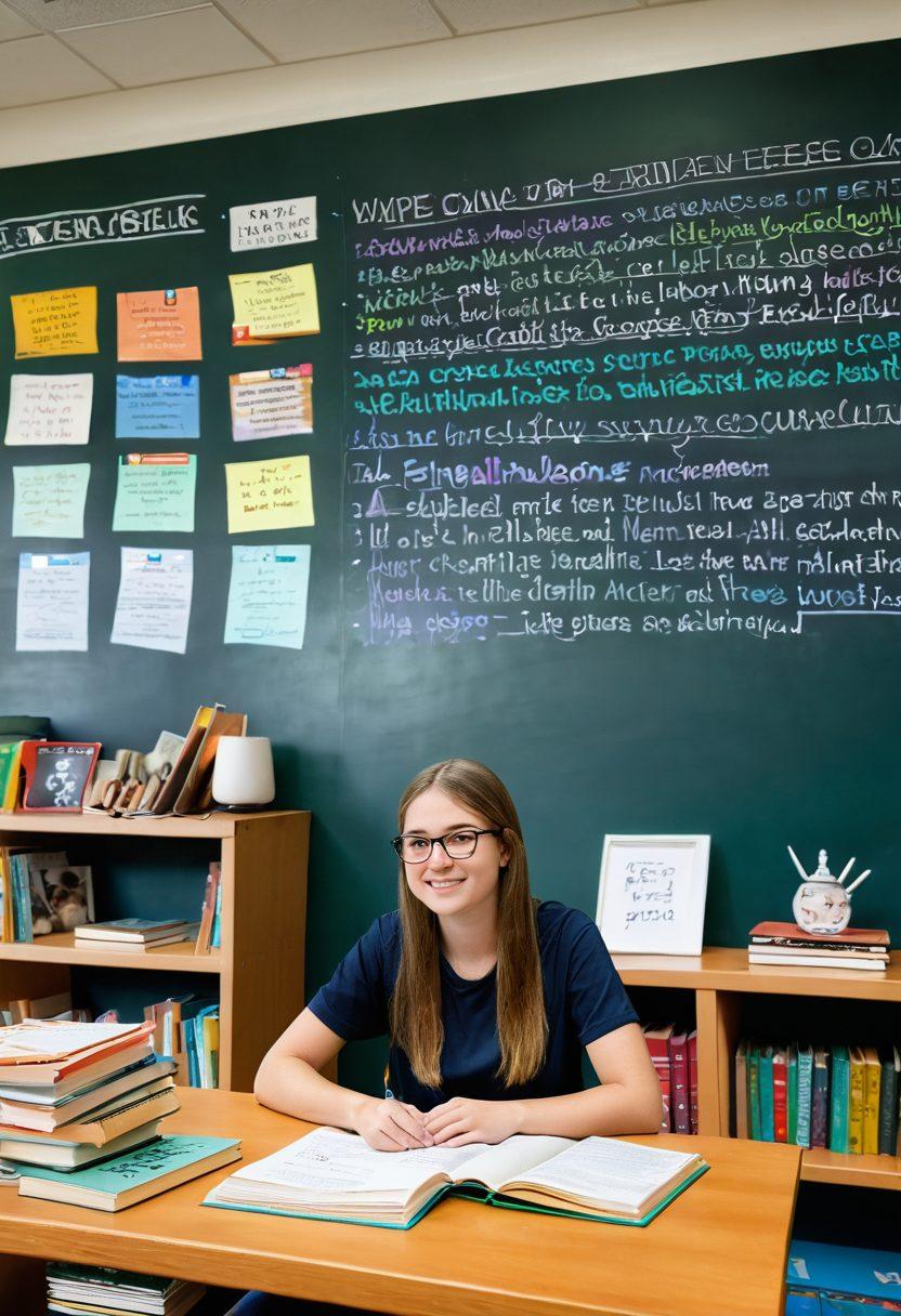 A serene study environment illuminated by warm light, featuring a student surrounded by books and a laptop, with vibrant academic resources like colorful notebooks and motivational quotes on the walls. A large chalkboard in the background displays academic tips and a roadmap to success. The setting conveys inspiration and focus, creating a sense of tranquility and ambition. super-realistic. vibrant colors. 3D.