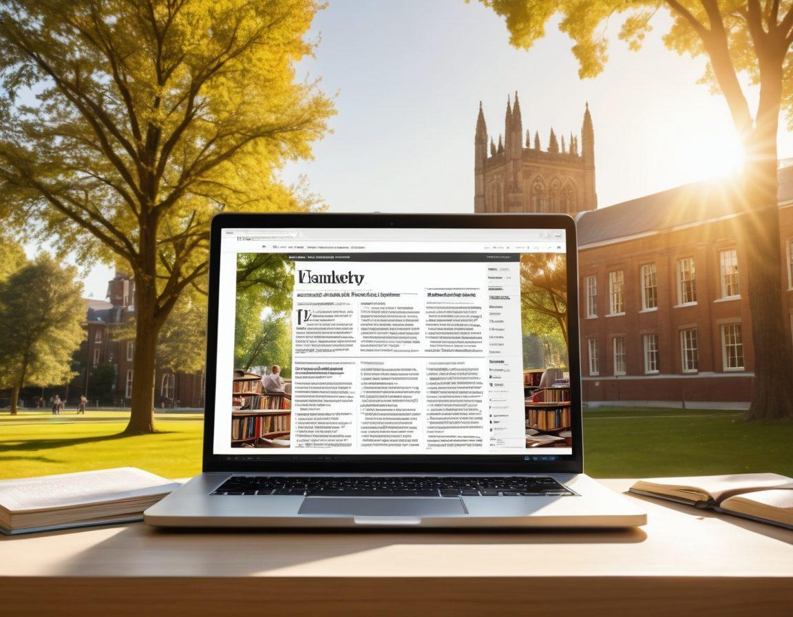An open laptop displaying a university news website, surrounded by stacks of books and scholarly articles. A diverse group of students engaged in discussion nearby, with a backdrop of a modern campus setting and trees. Bright sunlight filtering through, symbolizing knowledge growth. super-realistic. vibrant colors. white background.
